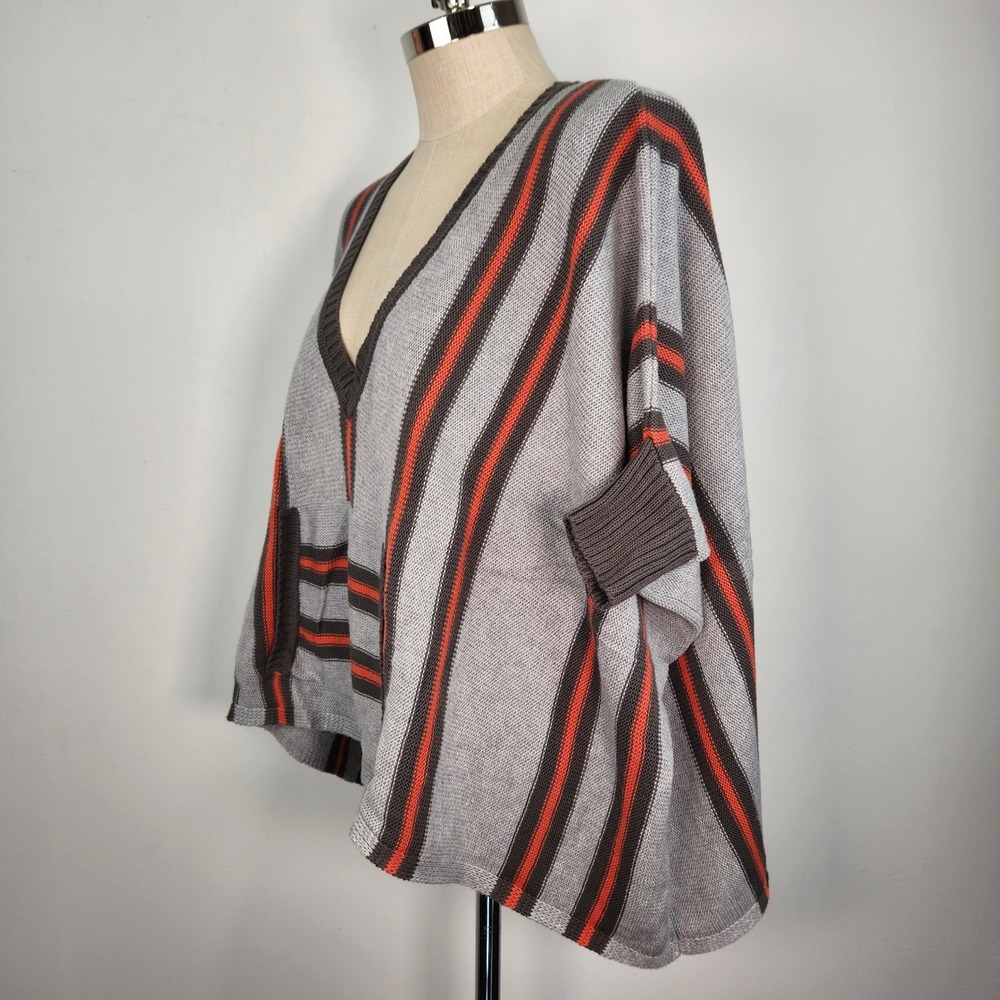 Indigenous Organic Cotton V Neck Poncho‎ Sweater Size 1/Small Gray Orange Stripe - Picture 2 of 8